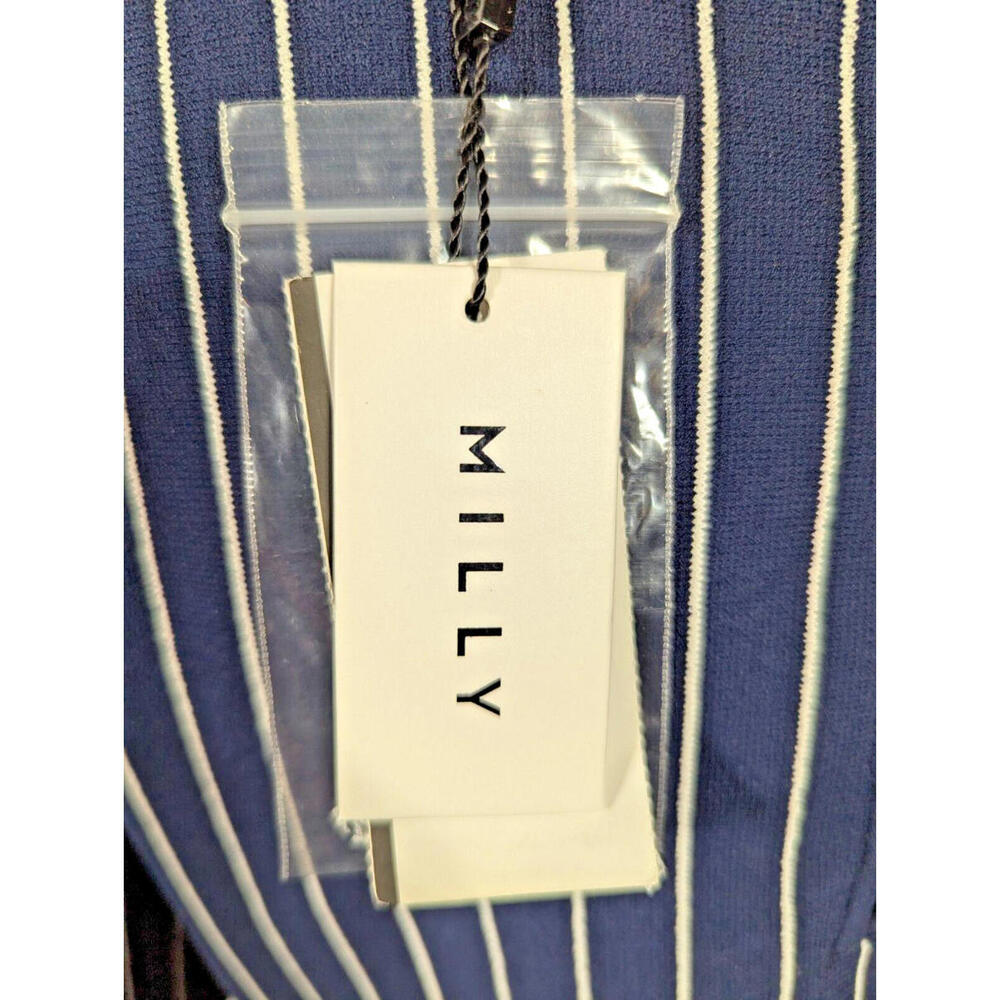 NWT MILLY Pinstripe Dress Navy/White Size L Flair Skirt Party Cocktail Workwear - Picture 9 of 9